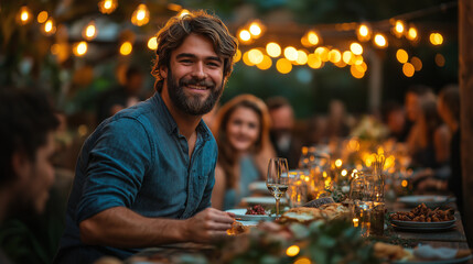 Fototapeta premium Evening gathering with string lights and a man sharing heartfelt words during a joyful celebration under the stars