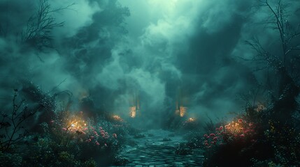 Obraz premium Dark haunted forest eerie mist atmospheric lighting and ample copy space