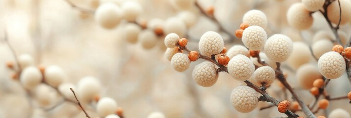 Fototapeta premium A close-up view of soft, blurred natural bokeh featuring round, textured white berries on branches with a light background