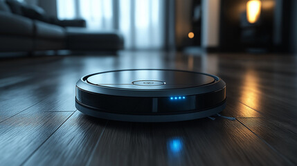 Innovative robot vacuum cleaner explores laminate wood flooring while brightening the living room ambiance