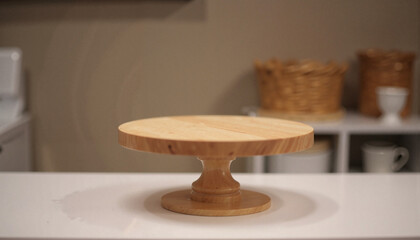 Elegant wooden cake stand on countertop, showcasing culinary artistry