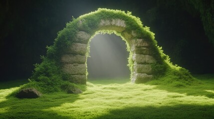 Obraz premium Ancient mossy archway, mystical portal. Sunlight beams through