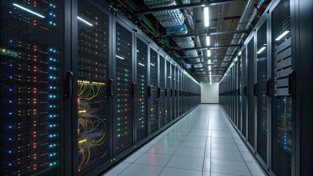 server room data center filled with racks of computer servers, representing modern technology and data storage