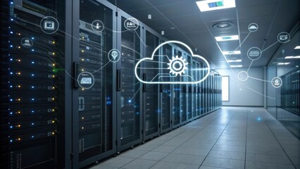 an illuminated data center showcasing servers, a visual representation of cloud computing, and data storage technology