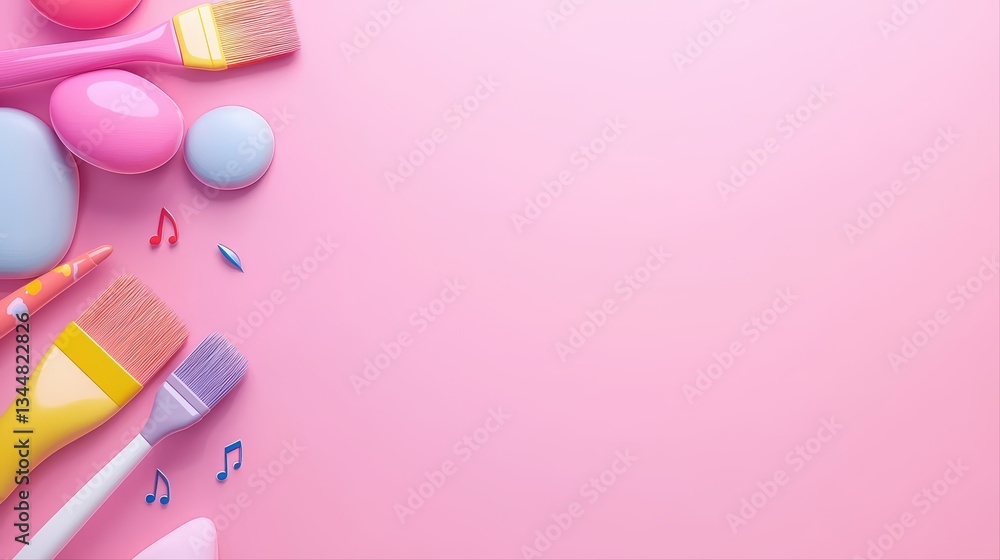 Poster creative learning concept with 3d art tools and colorful components on a pink background