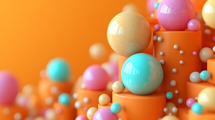 Abstract spheres on vibrant orange columns.