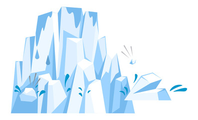 Obraz premium A large, angular iceberg with blue-toned geometric shapes. Water splashes around the ice, giving a dynamic feel. Ideal for environmental awareness, climate change, nature exploration, cold weather