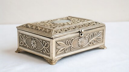 Ornate Metal Box on White Background