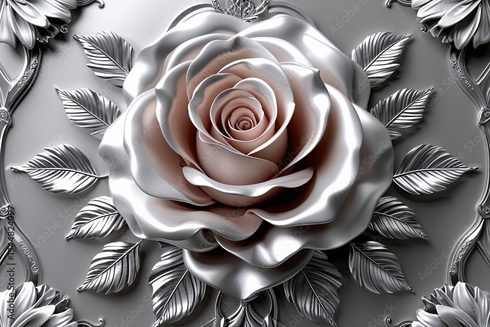 Poster enchanting abstract rose design with silver background and elegant patterns