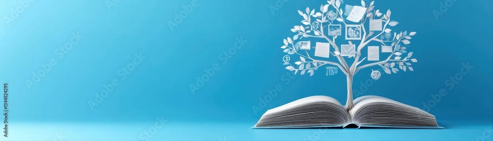 Poster educational growth concept with 3d open book and tree of knowledge in abstract blue background