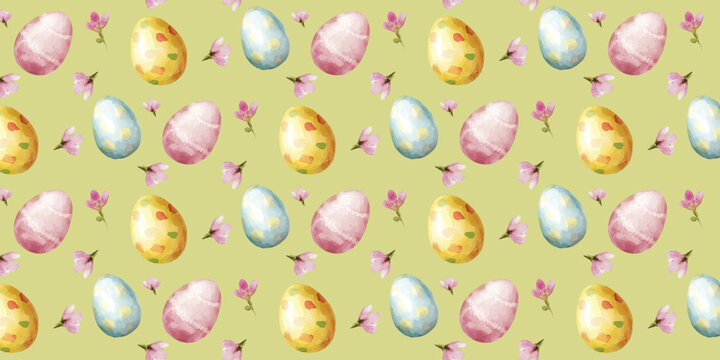 Cute Easter pattern with colorful eggs and flowers. Festive modern background with watercolor elements