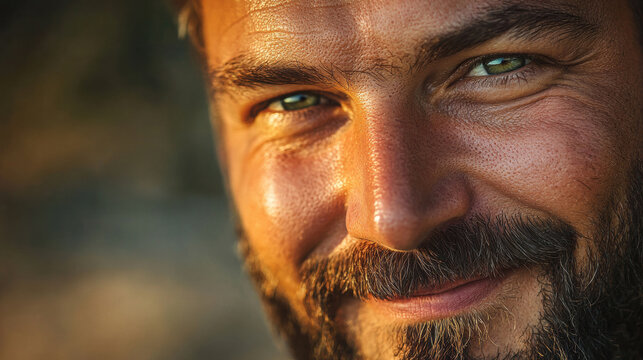 Bearded man with green eyes and a charming smile, close-up portrait, warm light