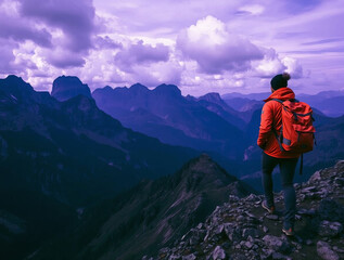 Fototapeta premium Person hiking rocky mountain peak is wearing orange Climber back