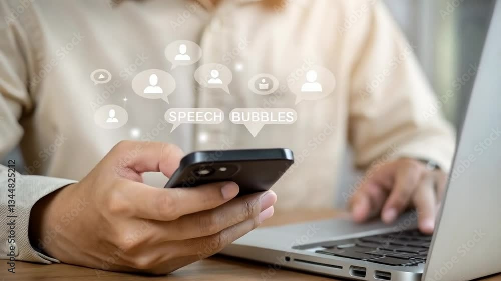 Poster ai-powered customer service: businessman using chatbot app at home for seamless online communication