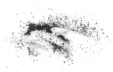 Black coal dust with effect fragments explosion isolated on a white background, top view. Wooden charcoal bits explosion.