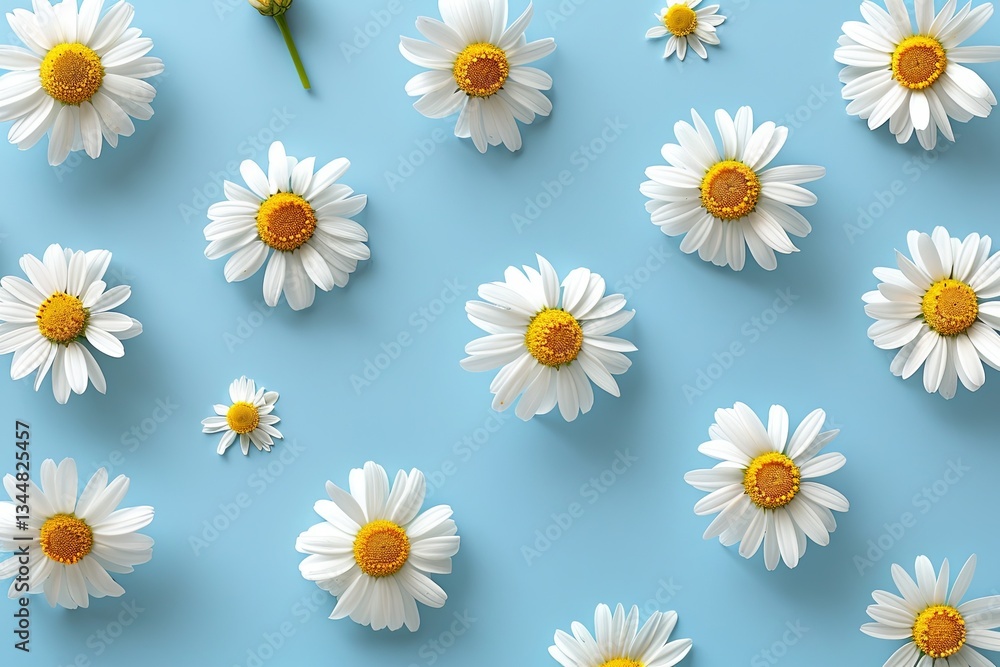 Poster chamomile flowers arranged on a blue background showcasing repetition and harmony of nature during s