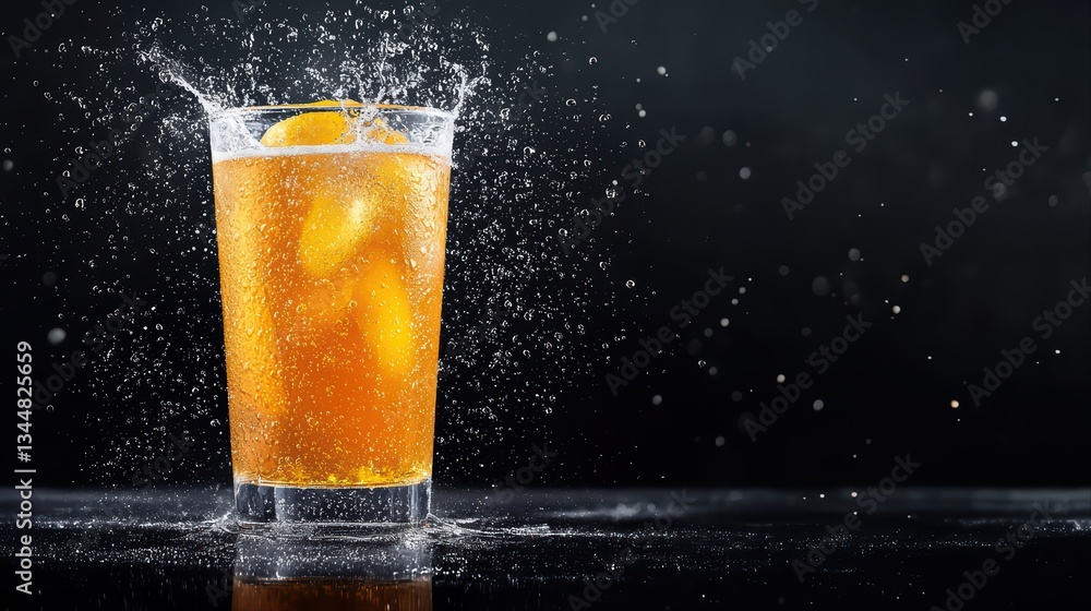 Poster refreshing citrus sparkling soda splash in glass with ice and lemon on dark background