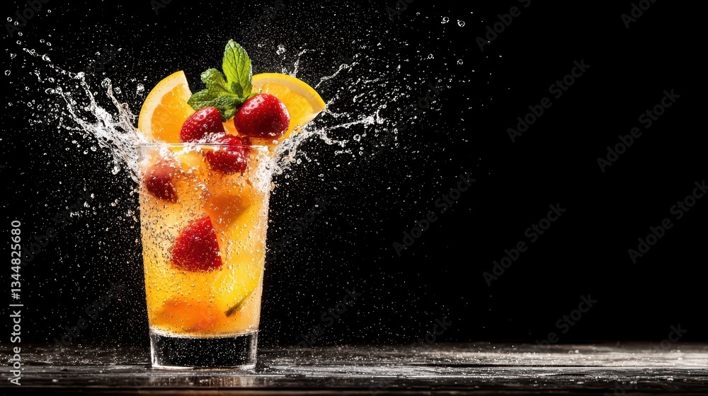 Poster refreshing citrus splash soda with berries and mint creating bubbles and sparkles