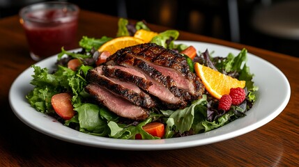 seared duck breast on bed of mixed greens