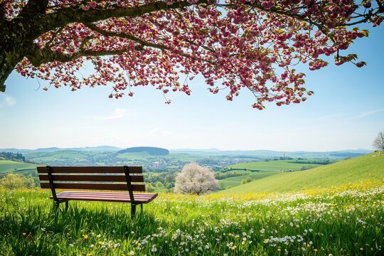 Wooden bench in peaceful countryside meadow during early spring, with wildflowers blooming in a gentle breeze