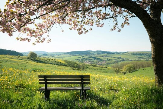 Wooden bench in peaceful countryside meadow during early spring, with wildflowers blooming in a gentle breeze - Powered by Adobe