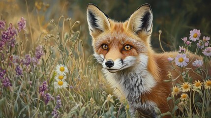 Red Fox in Wildflower Meadow Sunset.