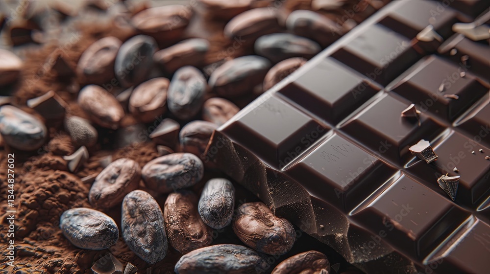 Poster Cocoa beans surround a chocolate bar showcasing rich textures and natural tones in a detailed macro view of chocolate production Generative AI