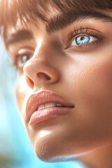 Naklejka premium Close-up of young caucasian female with intense blue eyes and natural lips in soft lighting