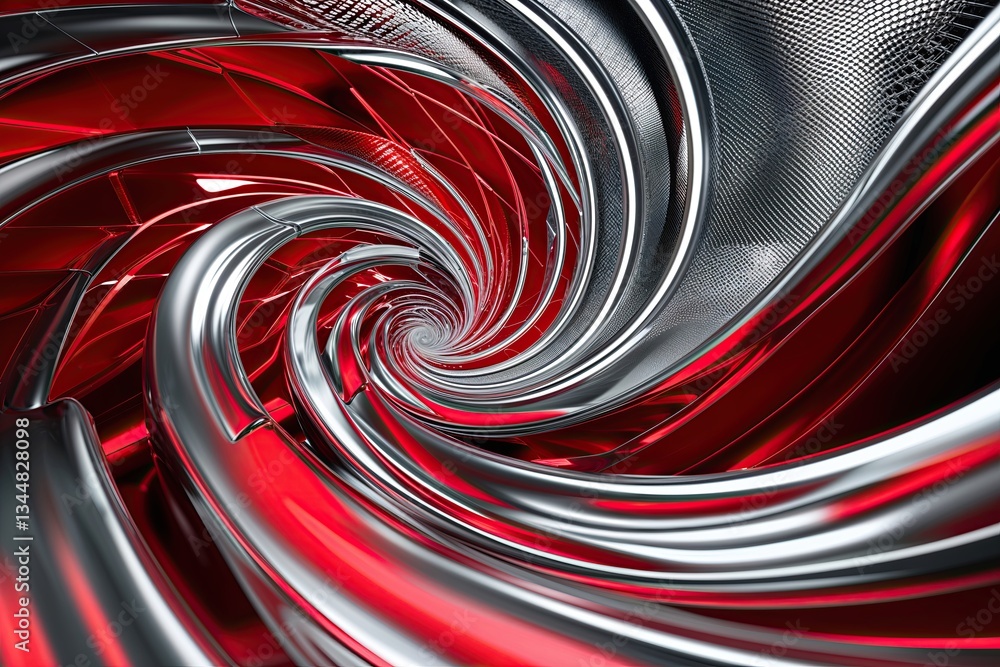 Poster striking red and platinum spiral layout with dynamic tech mesh design