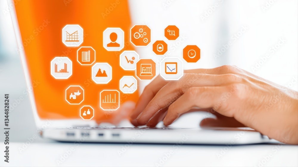 Poster modern marketing strategy concept with data visualization and close-up of laptop use