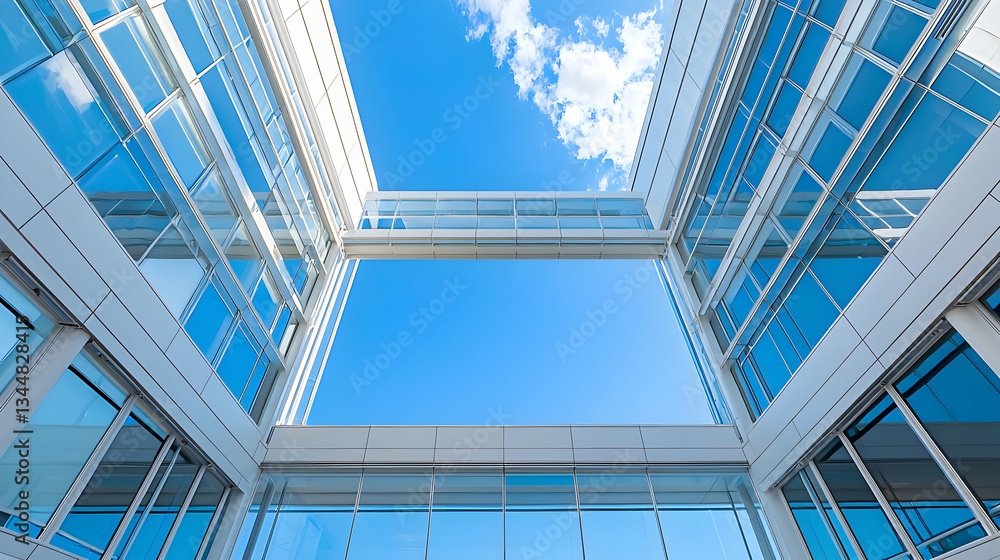 Poster architectural structure with white frame and glass panels against blue sky with clouds creating abst