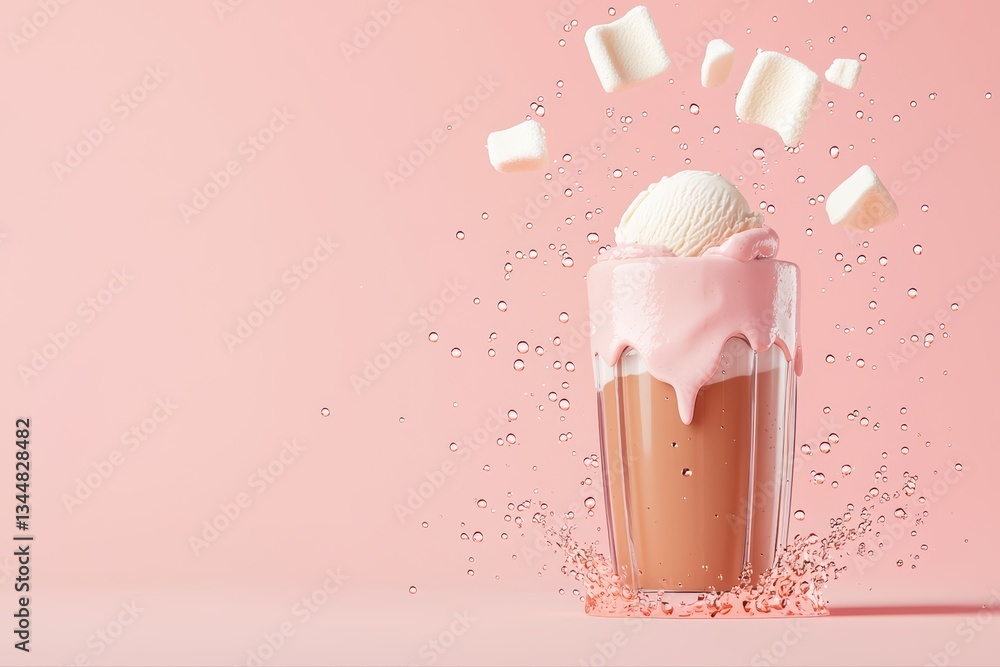 Poster refreshing melting ice cream float in tall glass with splashes and marshmallows on pink background