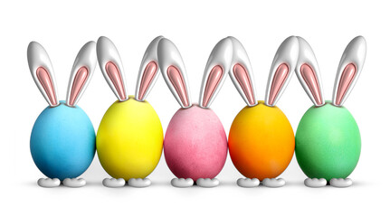 Bright Easter egg with bunny ears and paws on white background, banner design