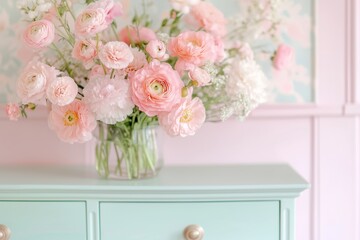 Obraz premium cute pastel color cupboard with fresh flowers like ranunculus gerberas and peonies on top, floral wallpaper background