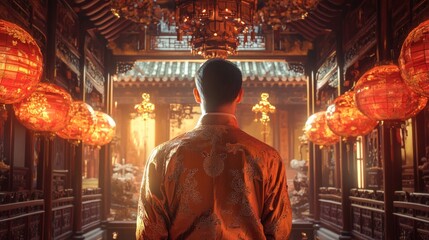 Obraz premium A person in traditional attire standing in a beautifully lit ornate interior with red lanterns