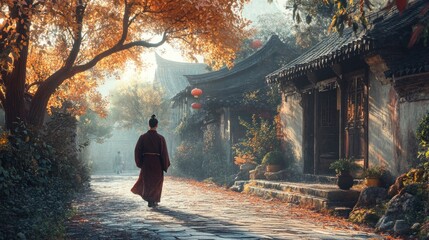 Fototapeta premium Autumnal Serenity A Figure Walking Through a Traditional Village Pathway Amidst Golden Leaves