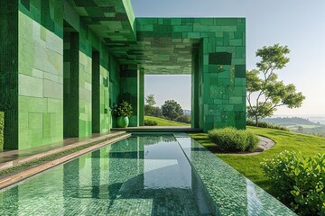 Striking Abstract Green Architecture with Elegant Mosaic Tiles and Fresh Scenery