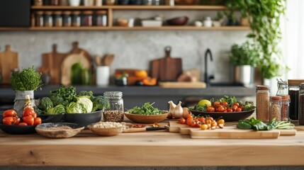 Kitchen counter with fresh produce and ingredients, healthy food prep, modern kitchen