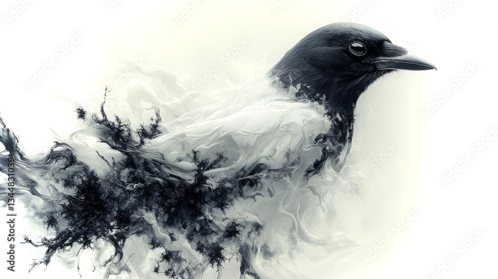Poster intricate monochrome representation of a bird surrounded by abstract textures and forms