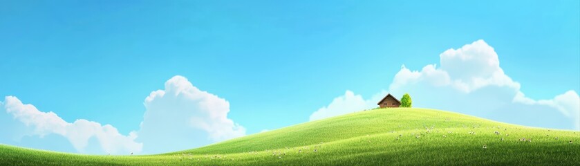 Obraz premium Picturesque Rolling Hills in Idyllic Countryside Under Bright Blue Sky with Fluffy Clouds