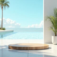Fototapeta premium Empty wooden podium by pool overlooking ocean