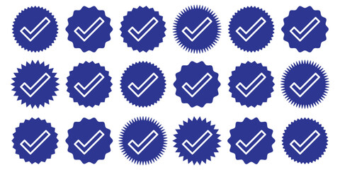 Set of verified badge. Blue check mark icon. Set of right symbol in zigzag style. Instagram verified badge. Social media account verification icons.   Blue verified badge icon vector. Tick, check mark