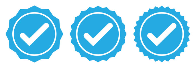 Verified check mark icon set. blue check marks symbol. Circle and square tick symbol. Quality sign icon. Checklist and approval check flat style. Approval checks flat style.  blue verified badge icon 