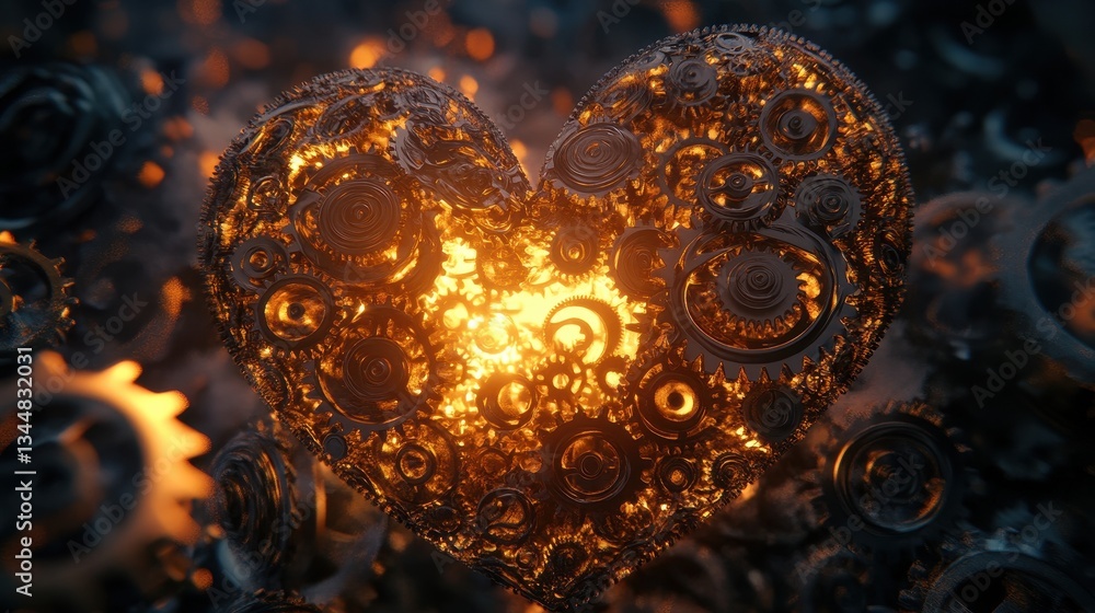 Poster an illuminated mechanical heart composed of interlocking gears and cogs