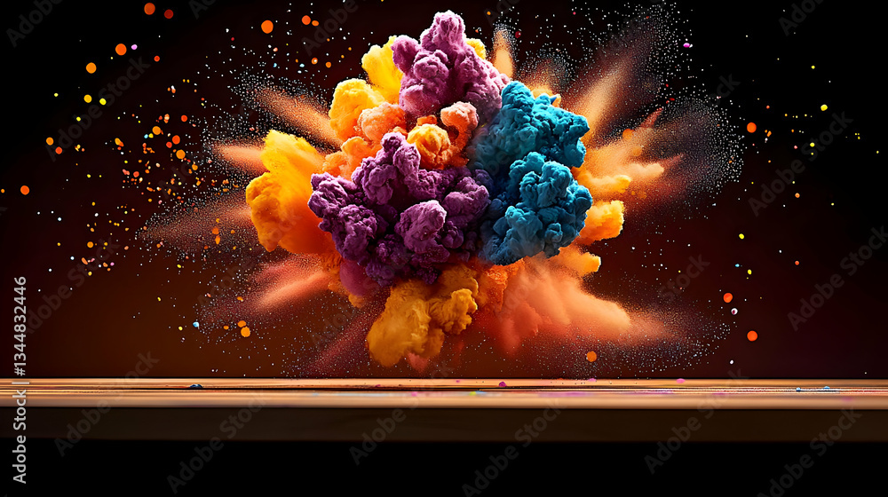 Poster exploding abstract multicolor powder cloud displaying colorful splashes against dark background