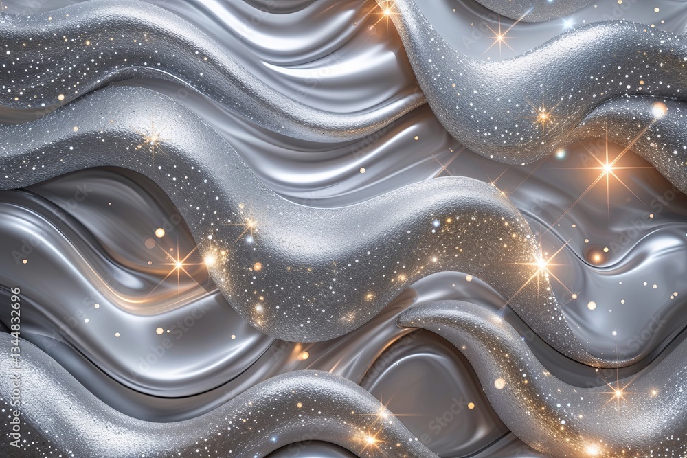 Poster opulent luxury silver background with shimmering wave patterns and illuminating sparkles
