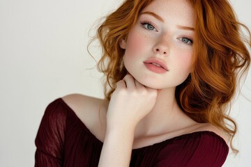 Naklejka premium a beautiful woman in a burgundy dress, with her hand on her chin, against a white background.