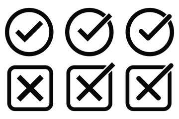 Set of black check marks and crosses icon collection. check box icon with right and wrong buttons and yes or no check-mark icons.