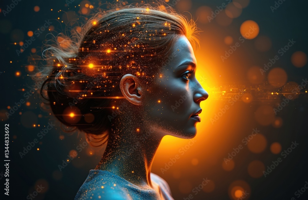 Poster side view of woman illuminated by golden light, digital data streams flow. artificial intelligence, 