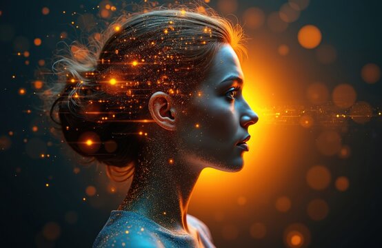 Side view of woman illuminated by golden light, digital data streams flow. Artificial intelligence, neural networks glow over person. Concept of technology integration with human body, consciousness.